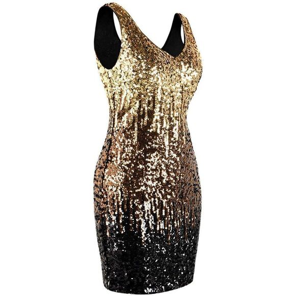 Women's Sexy Deep V Neck Sequin Glitter Bodycon Stretchy Mini Party Wedding - Picture 4 of 7